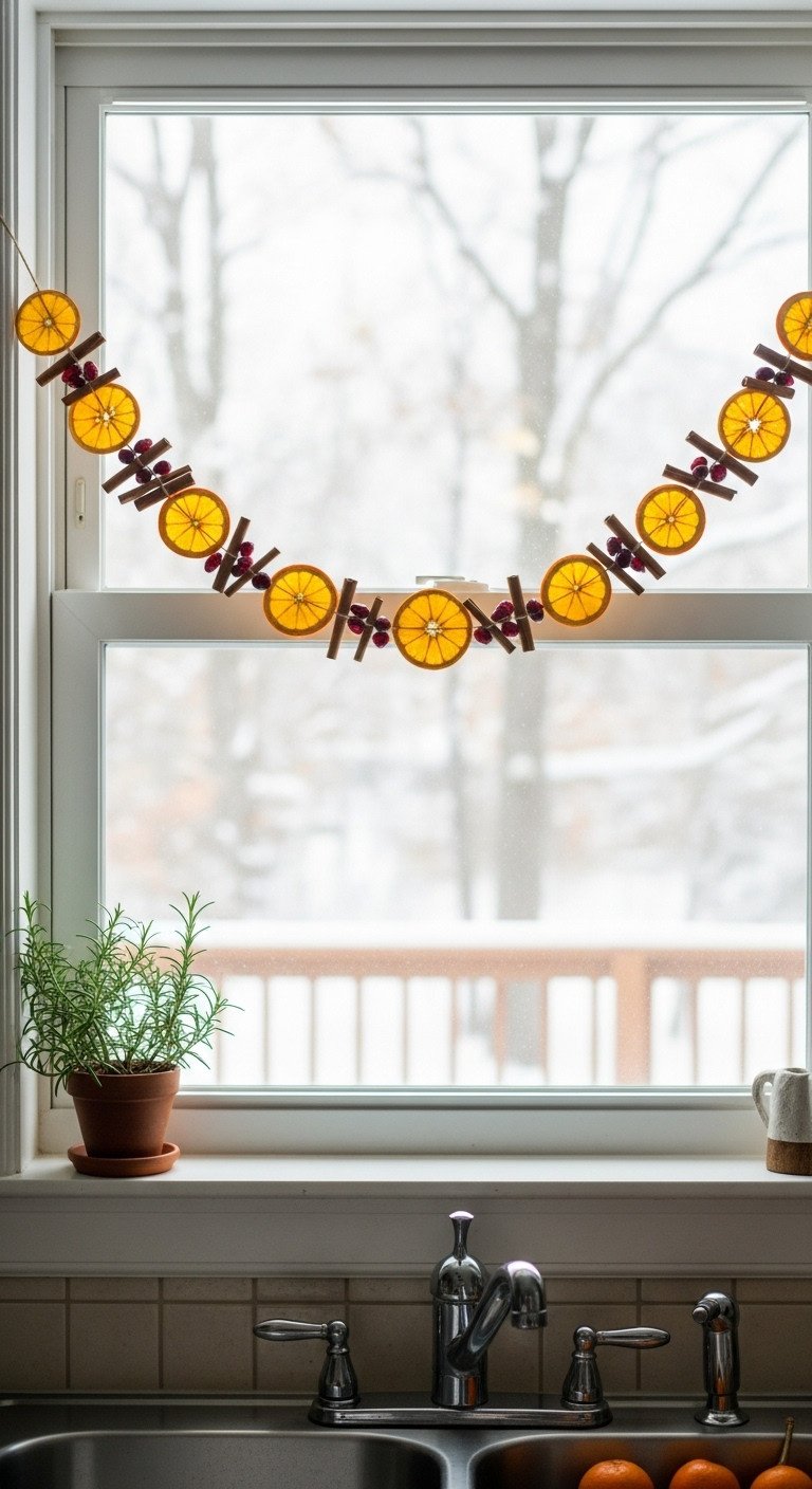 Natural rustic garland of dried orange slices cinnamon sticks and cranberries draped across a kitchen window over the sink