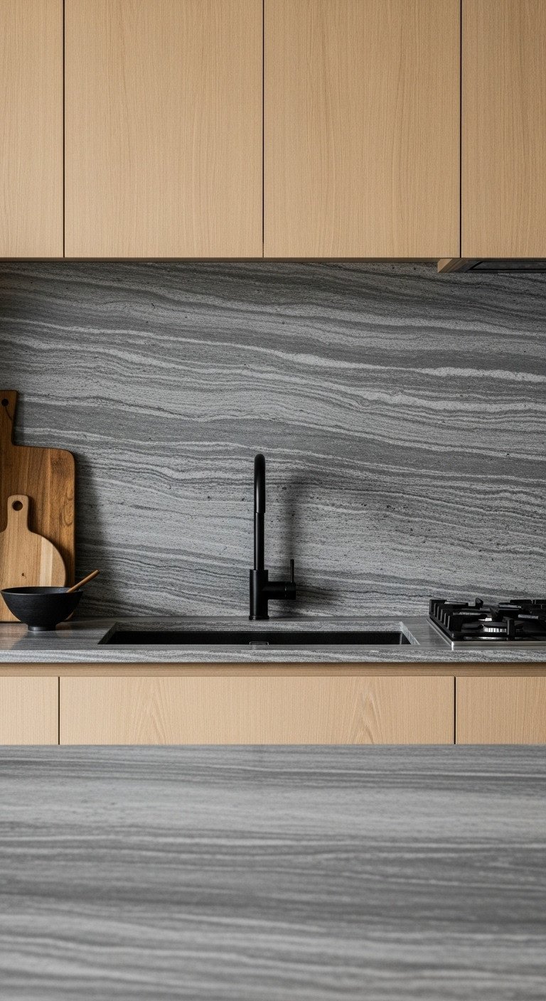 11 Japanese Kitchen Color Schemes For A Tranquil Home 18 Natural stone textures and muted tones Japandi kitchen with gray stone slab countertop and light wood cabinets