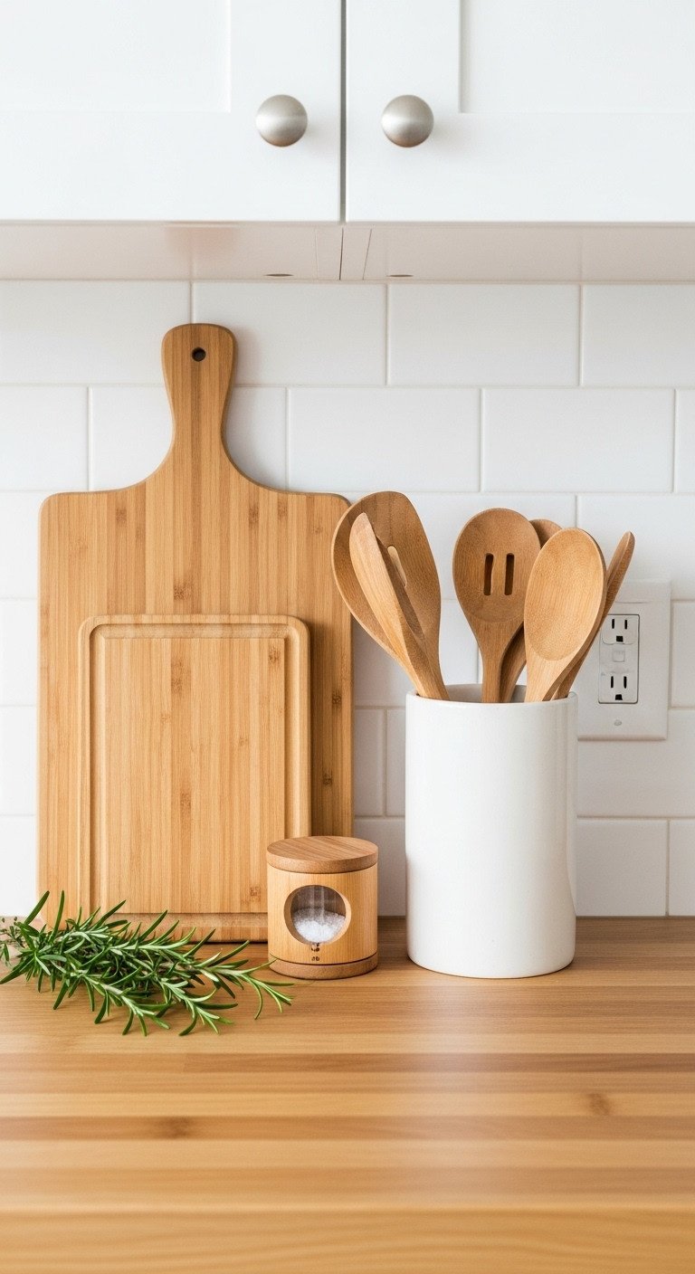 Natural wood elements on a butcher block countertop with bamboo cutting board wooden utensils and salt cellar