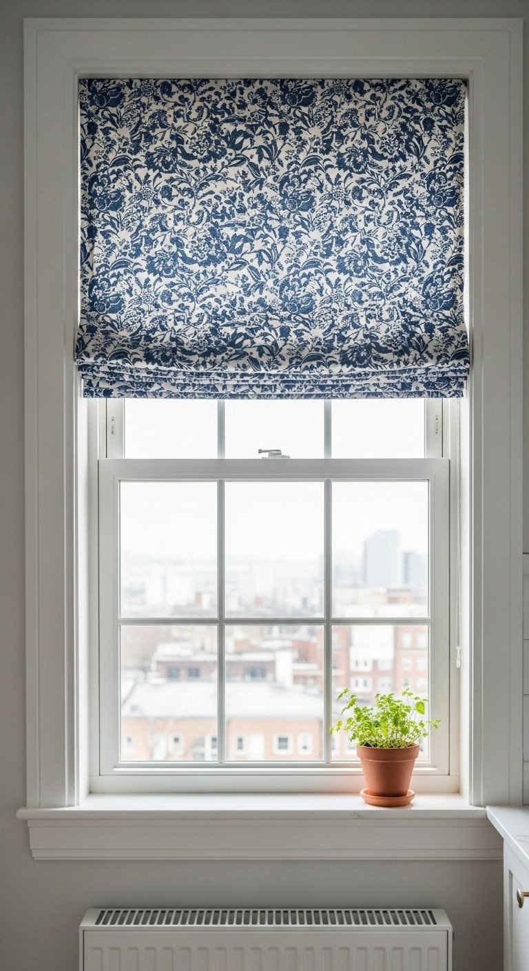 Navy blue and white floral roman shade in a sunlit apartment kitchen window with an herb pot, DIY home decor update.