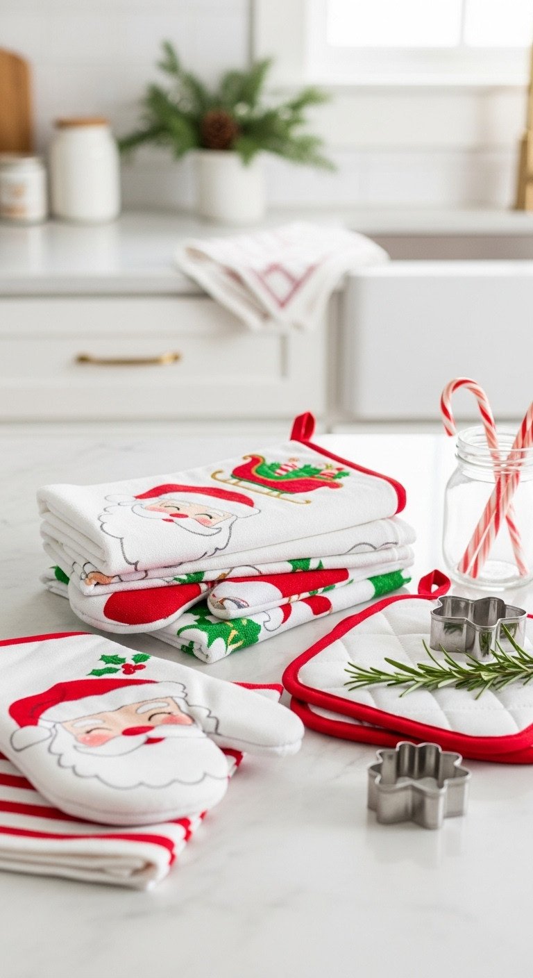 Neatly folded Santa-themed dish towels, oven mitt, and pot holder in red, white, green on a marble kitchen countertop with festive cookie cutter.