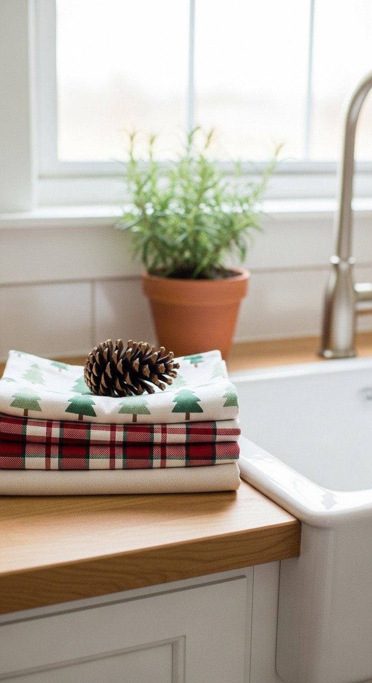 Neatly folded stack of festive Christmas dish towels with pine tree plaid and cream patterns next to a sink