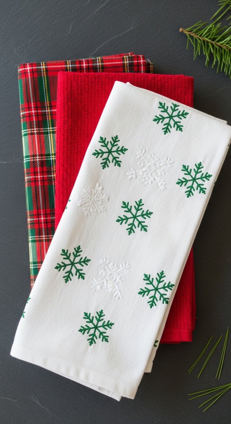 Neatly folded stack of festive Christmas kitchen towels plaid solid red and snowflake embroidered on a dark slate countertop