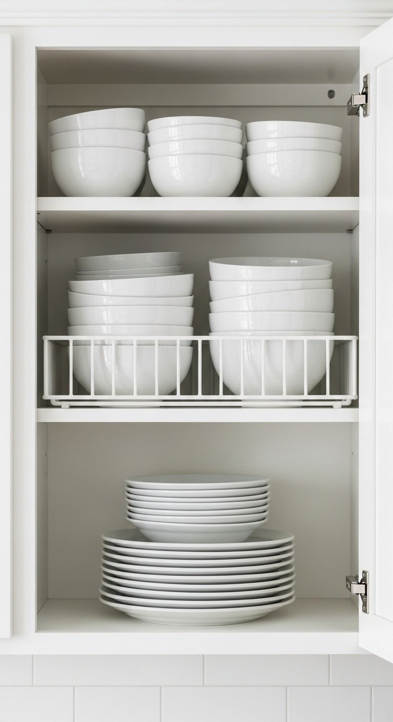 7 January Decor After Christmas Kitchen Ideas For A Cozy Reset 13 Neatly organized kitchen cabinet with white ceramic plates and bowls on a wire shelf organizer