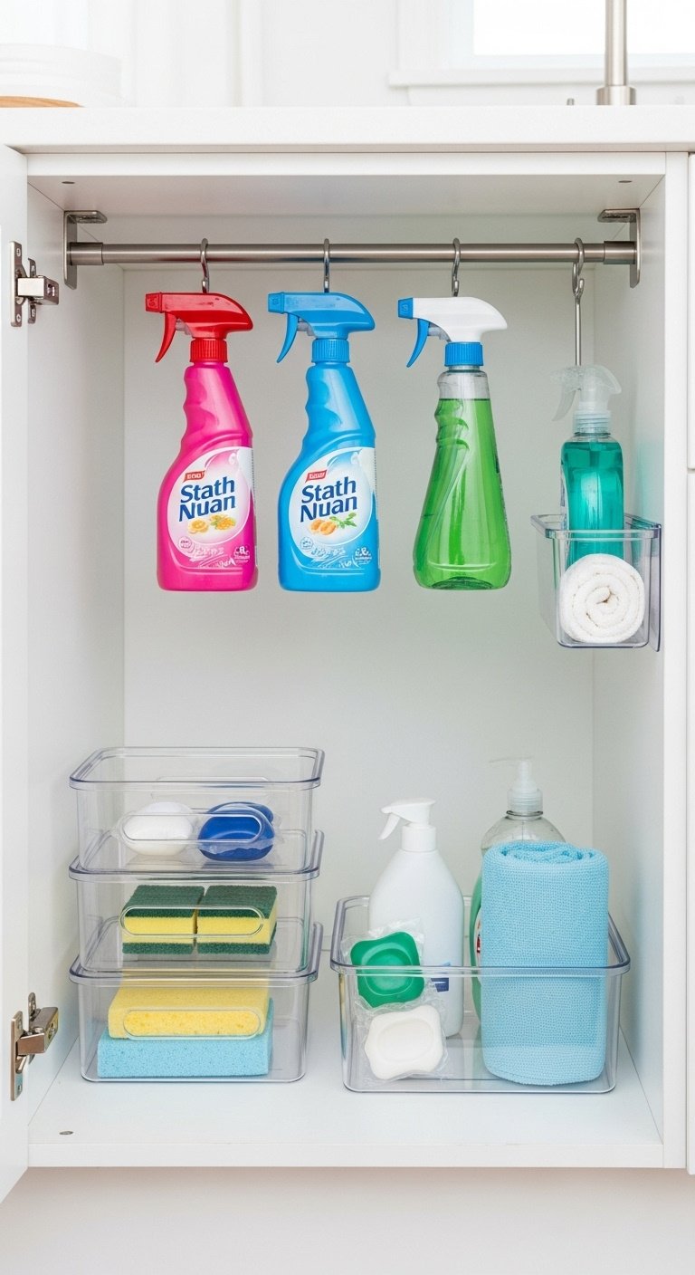 11 Smart Apartment Kitchen Organization Ideas For Renters 1 Neatly organized under-sink kitchen cabinet with silver tension rod holding colorful spray bottles, acrylic bins, sponges, and dish soap.
