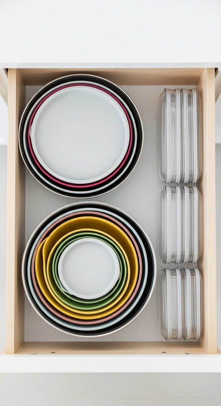 Nesting mixing bowls and stackable food containers neatly organized in an open kitchen drawer