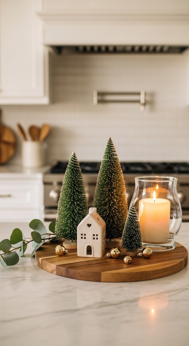 Neutral Christmas kitchen countertop vignette with white ceramic house bottle brush trees and gold ornaments