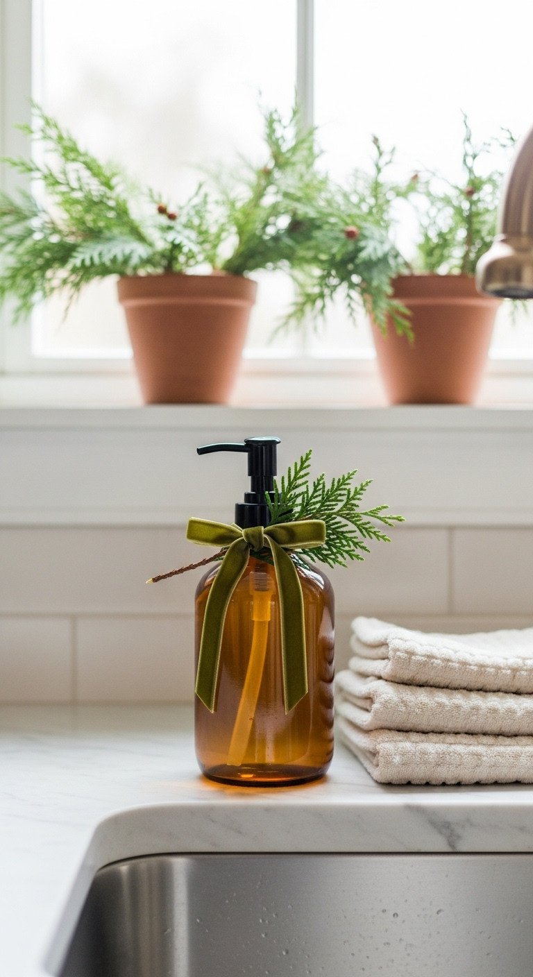 Neutral Christmas kitchen decor with amber soap dispenser olive velvet ribbon and cedar sprig