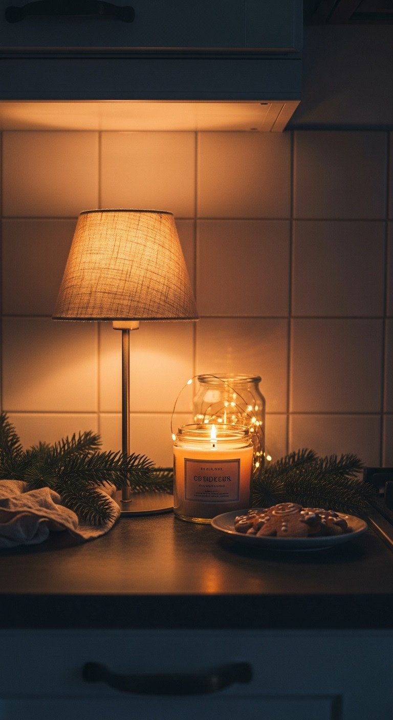 Neutral Christmas kitchen decor with ambient lighting lamp candle and fairy lights at dusk