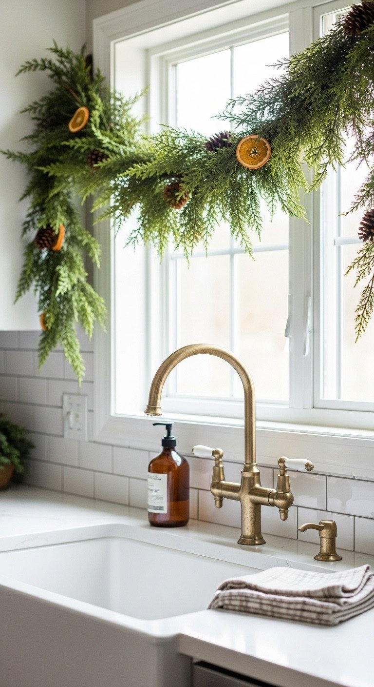 Neutral Christmas kitchen decor with cedar garland dried orange slices and pinecones over a white window