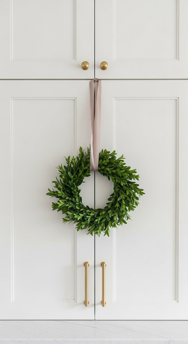 Neutral Christmas kitchen decor with green boxwood wreath on cream cabinet door with taupe satin ribbon