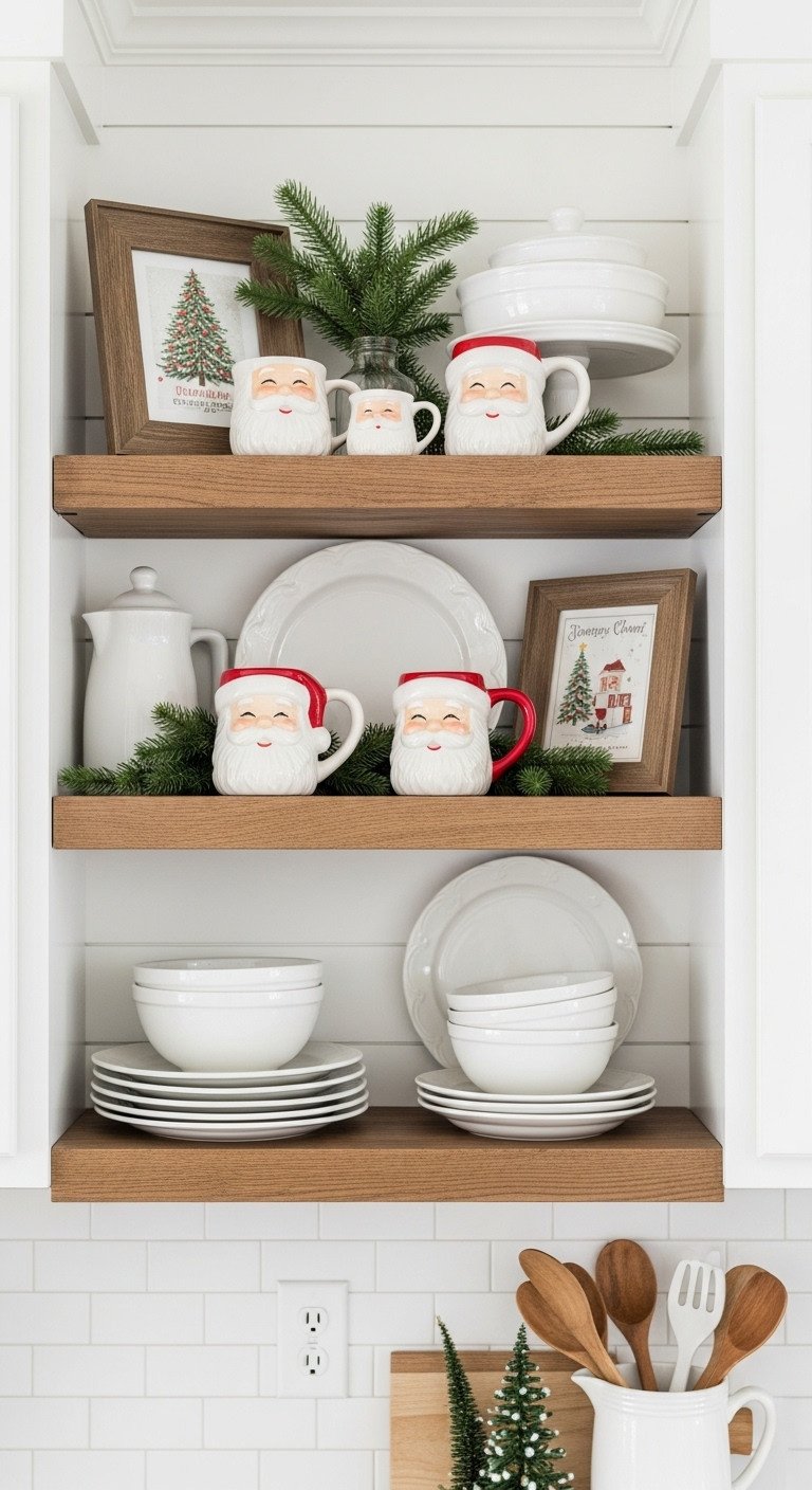Neutral Christmas kitchen decor with vintage Santa mugs on open shelf with evergreen sprigs