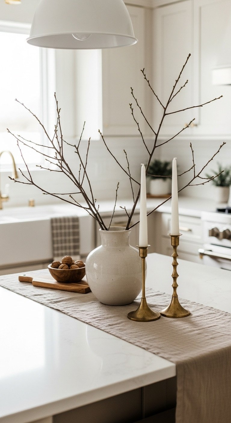 Neutral Christmas kitchen island decor with taupe linen runner ceramic vase and brass candle holders