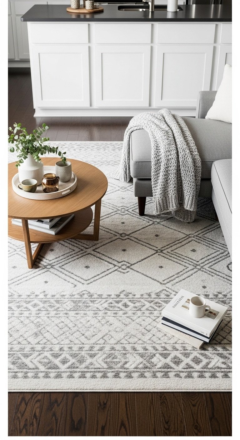 9 Open Concept Kitchen Ideas To Maximize Your Apartment Space 5 Neutral geometric rug defines modern living room with gray sectional sofa, wood coffee table on dark hardwood floor.