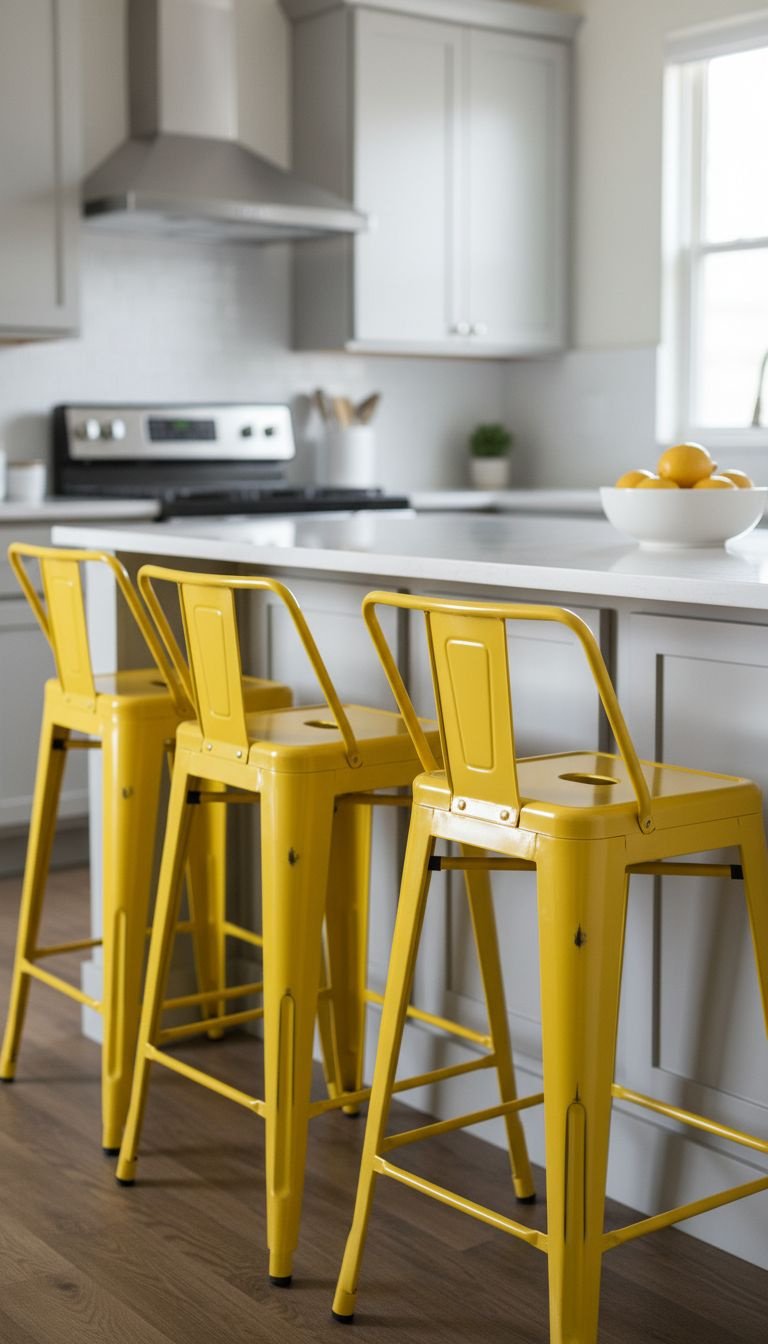 Neutral kitchen with a vibrant yellow accent from sunny metal bar stools under a gray island, bowl of lemons on white counter.
