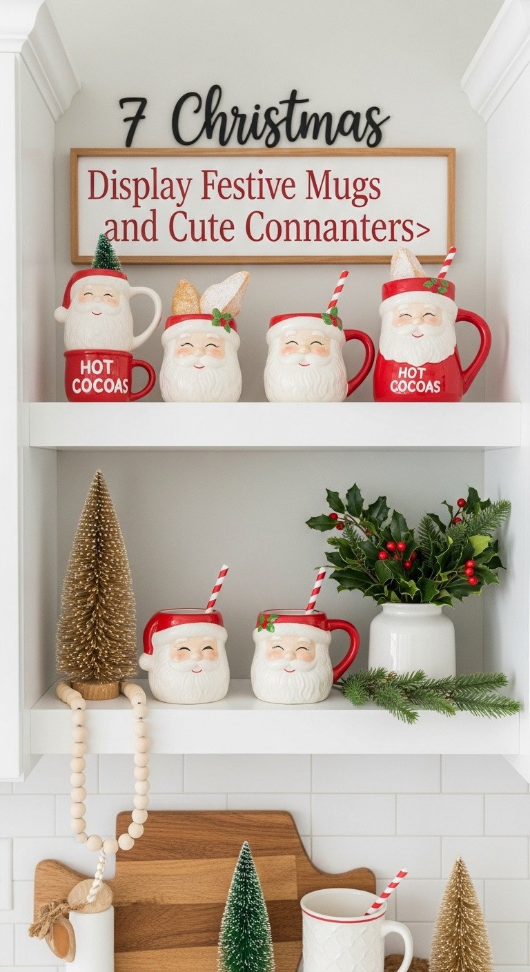 Nostalgic Santa Claus mugs arranged on a white shelf above a hot cocoa station
