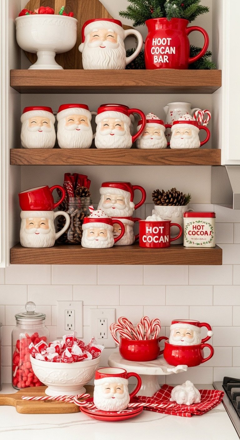 7 Christmas Kitchen Decor Hot Cocoa Bar Ideas For A Cozy Home 7 Nostalgic vintage Santa mug display with ribbon candy and hot cocoa tin on a kitchen shelf