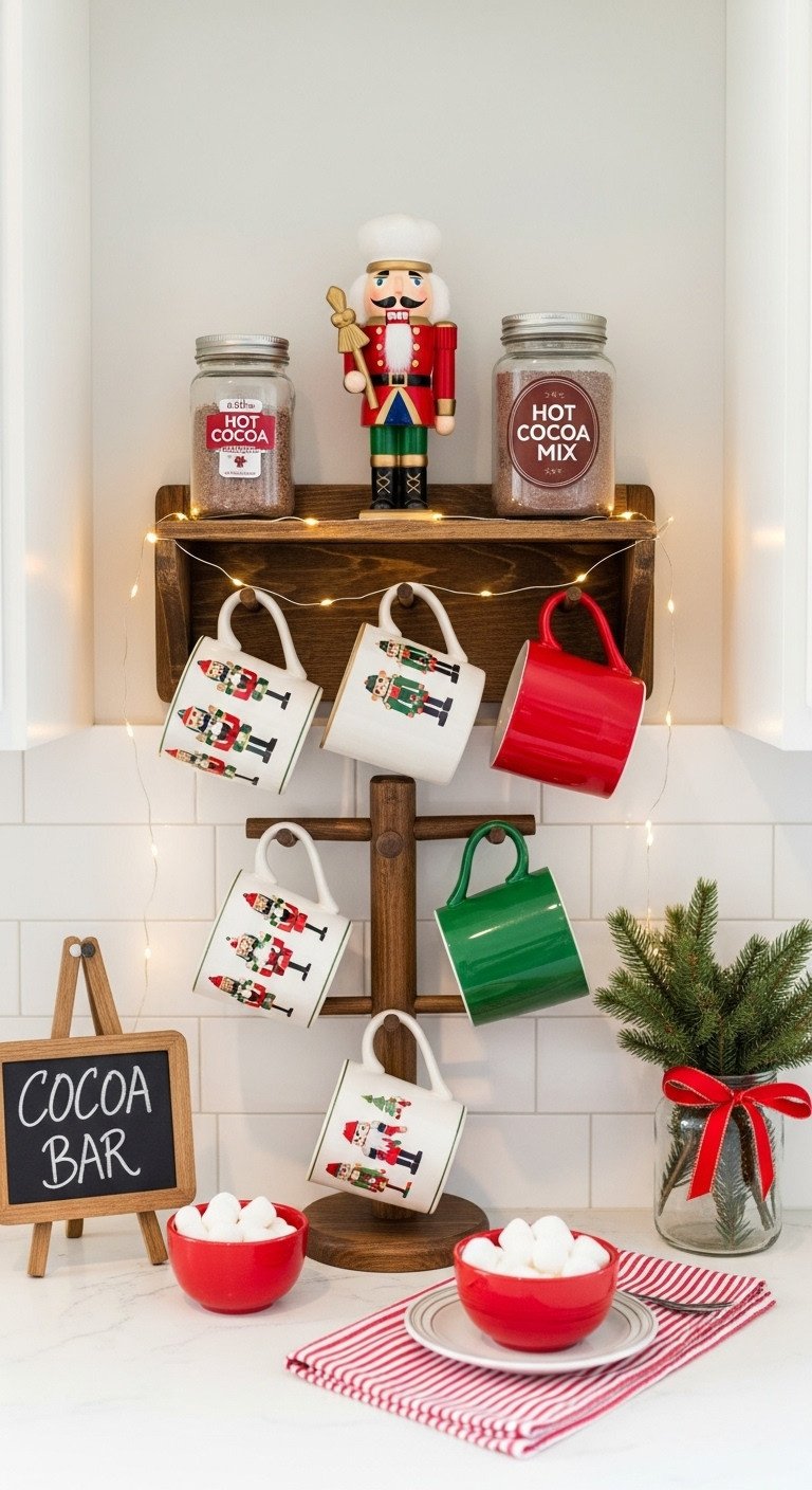 Nutcracker mug rack with holiday mugs, chef nutcracker, hot cocoa mix, and delicate fairy lights. Cozy Christmas kitchen station.
