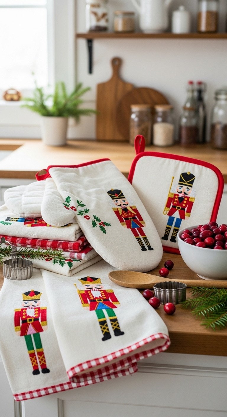Nutcracker-themed kitchen linens: folded towels, oven mitts, pot holders on a rustic wood countertop with cranberries. Festive Christmas textiles.