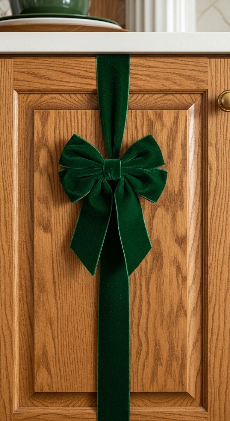 Oak kitchen cabinet door wrapped with a luxurious forest green velvet ribbon and a large, perfectly tied bow