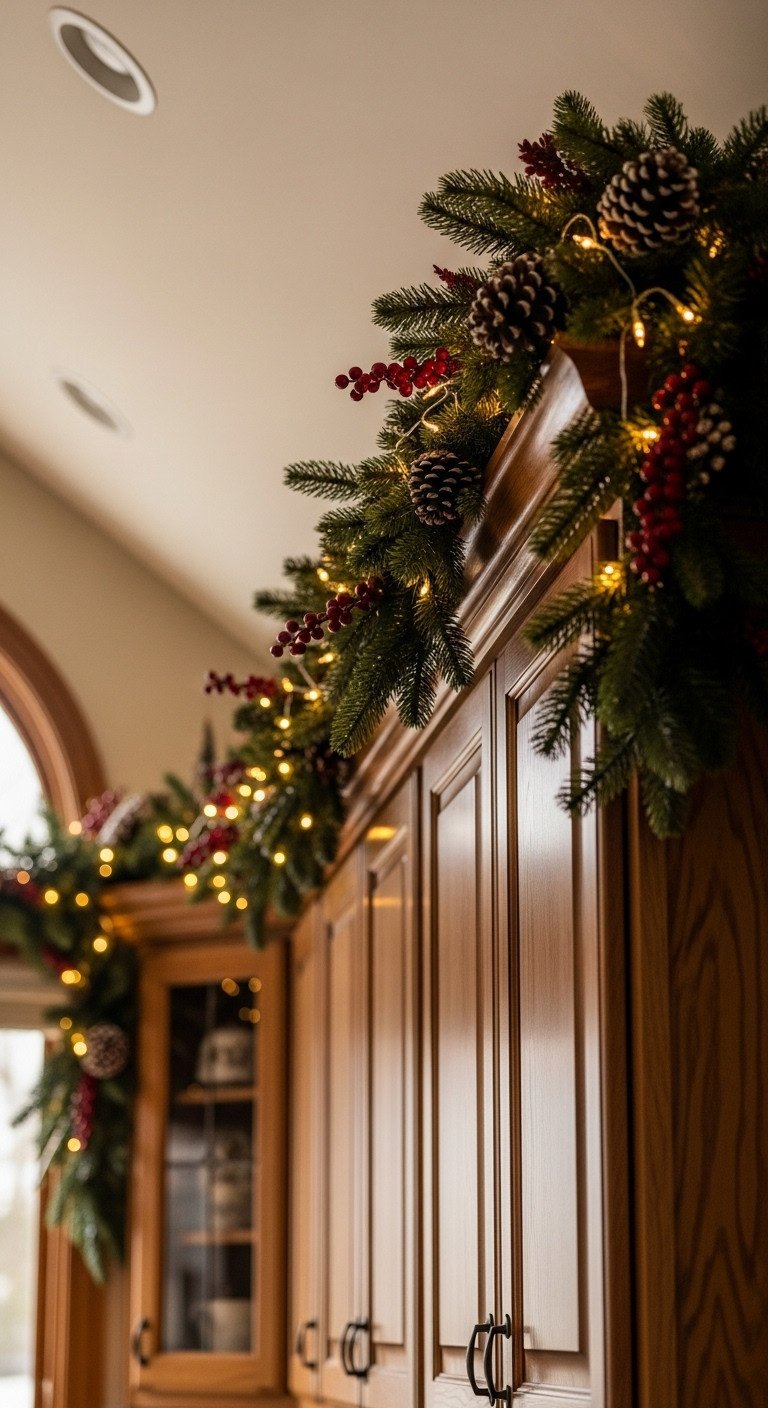 Oak kitchen cabinets draped with lush faux evergreen garland warm fairy lights pinecones and red berries
