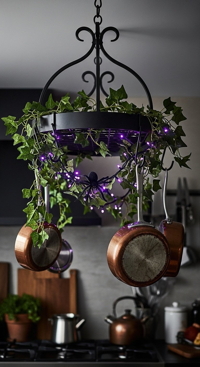 Ominous ivy Halloween garland with tiny purple lights draped over a black pot rack with copper pots in a dark kitchen