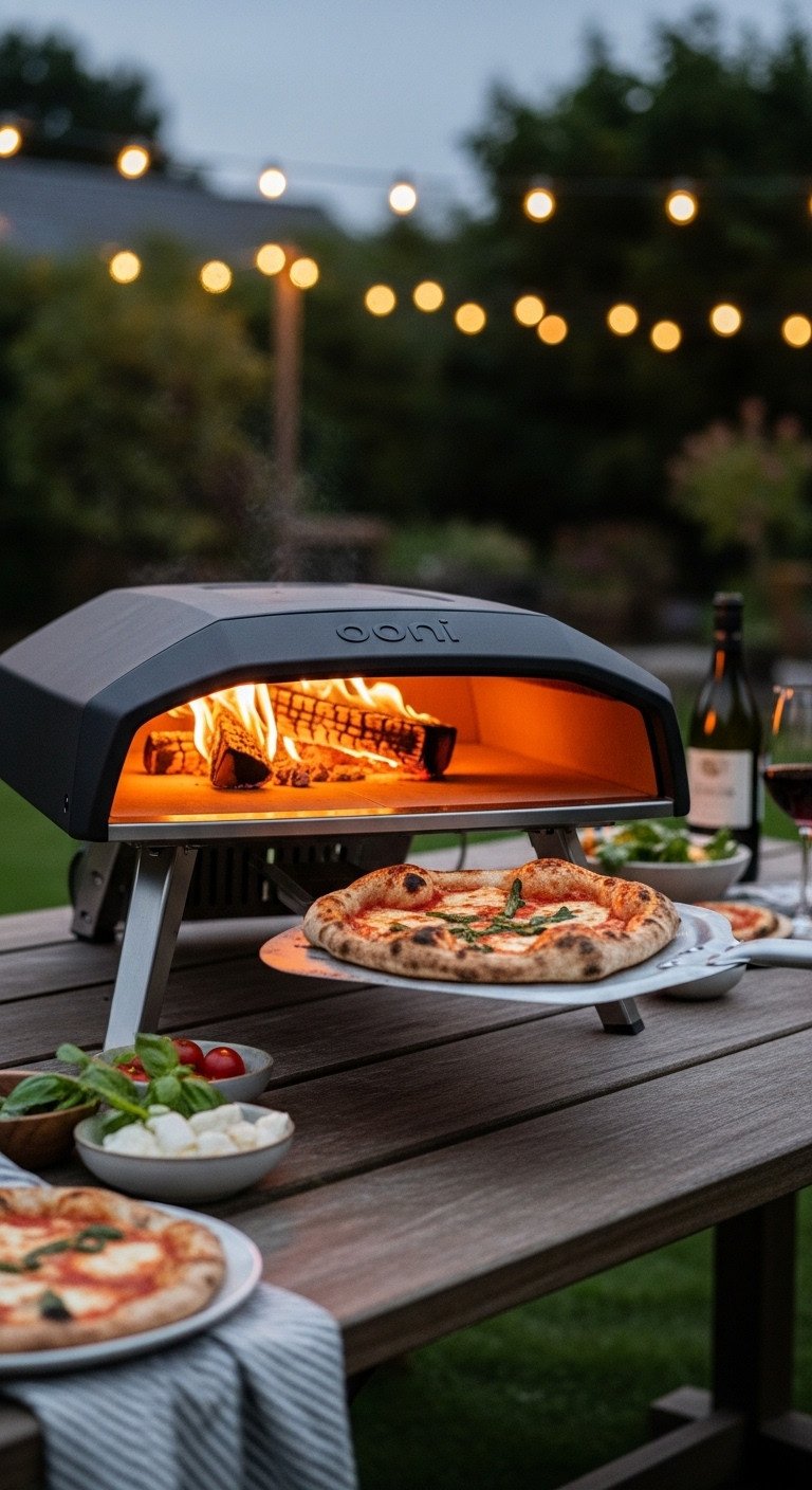 Ooni outdoor pizza oven cooking a Neapolitan style pizza on a wooden table at dusk