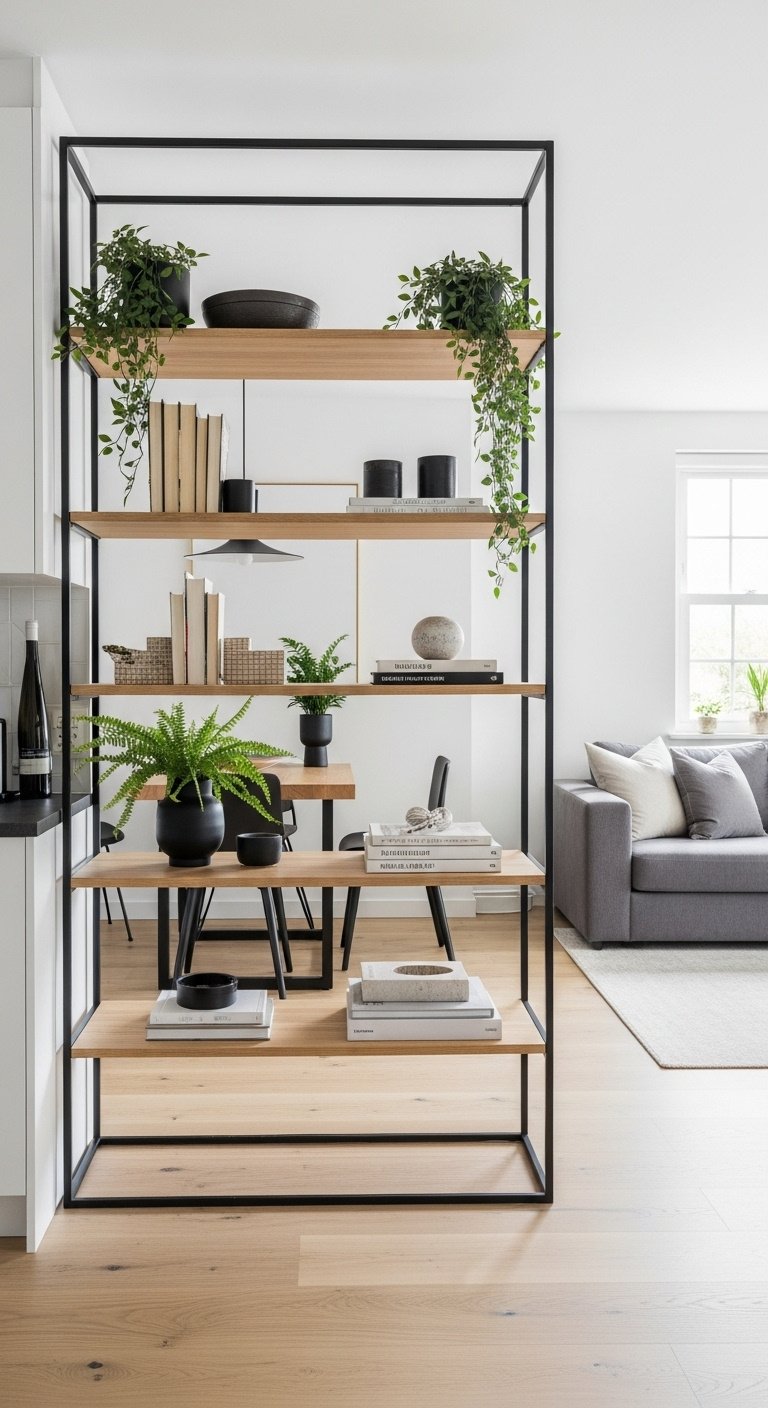 9 Open Concept Kitchen Ideas To Maximize Your Apartment Space 14 Open-back black metal & wood étagère functions as a room divider in an open concept apartment.