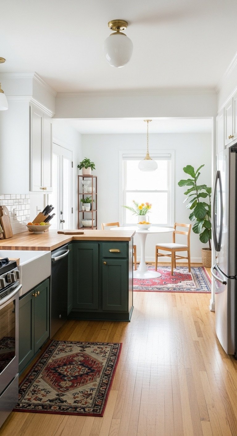 Open-concept L-shaped kitchen with dark green and white cabinets, butcher block counter, and a small dining table. Modern home design.