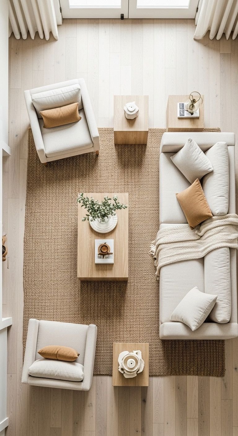 13 Genius Open Concept Apartment Ideas To Create Perfect Flow 10 Open concept living room with floating beige sofa, accent chairs, coffee table on jute rug. Intimate conversational design.