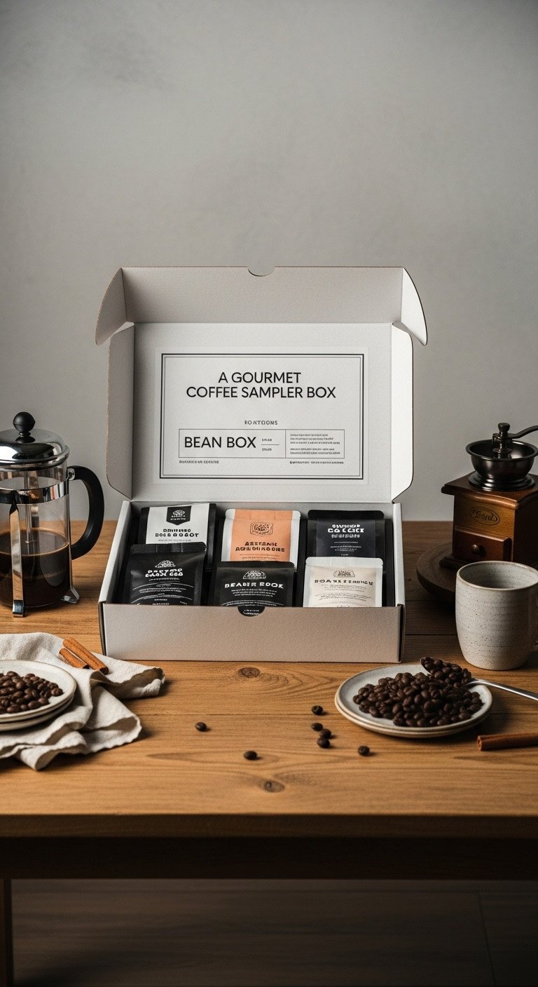 Open gourmet coffee sampler box revealing four bags of artisan coffee beans with a French press