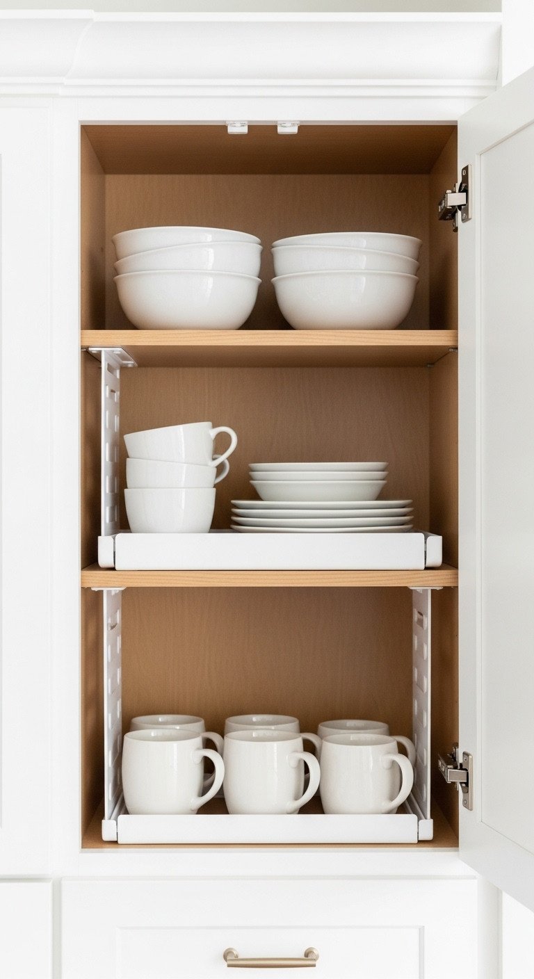 Open kitchen cabinet organized with white expandable shelf riser mugs and small plates in bright daylight