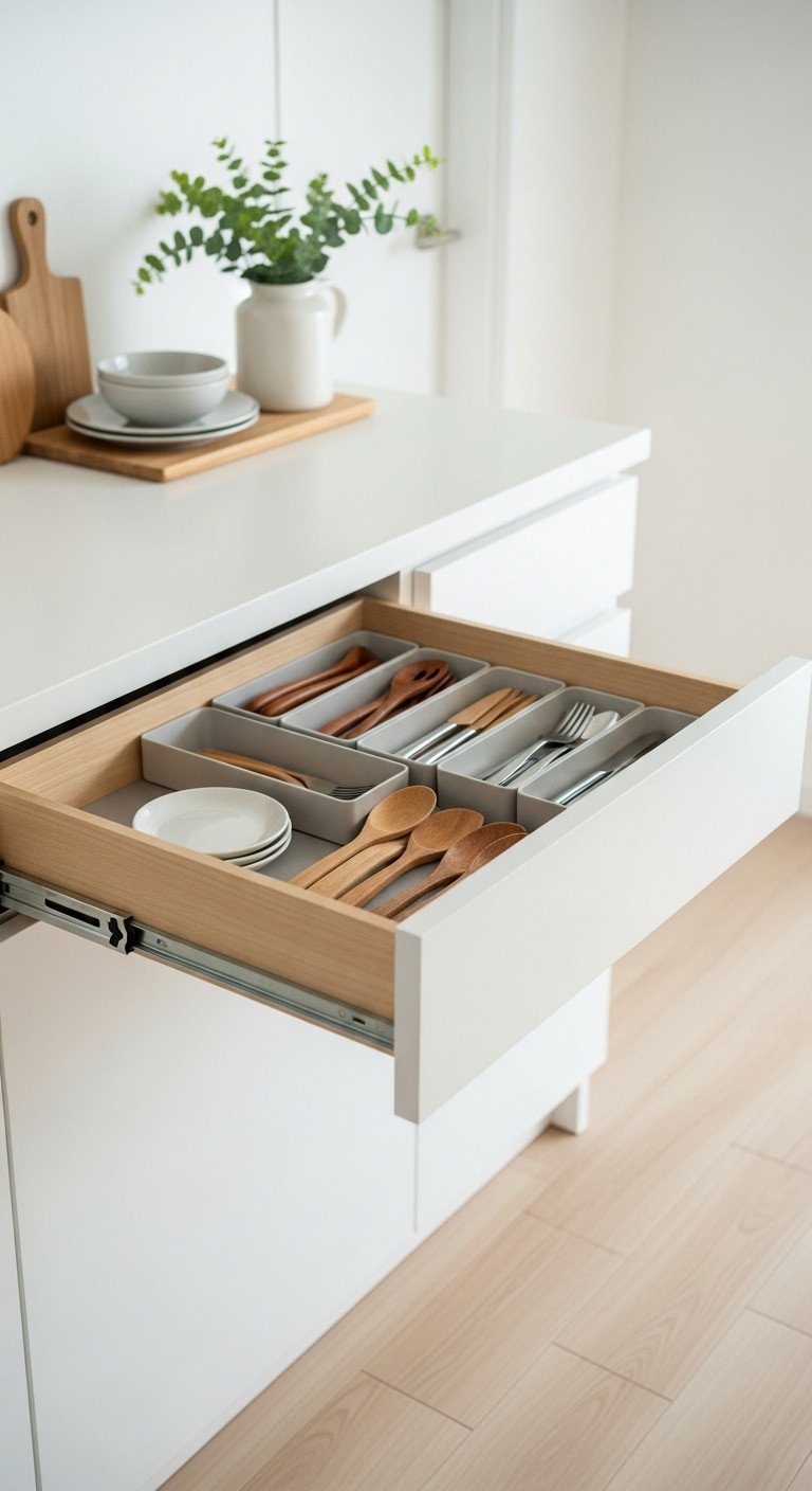 Open kitchen drawer with dividers neatly organizing wooden utensils and cutlery