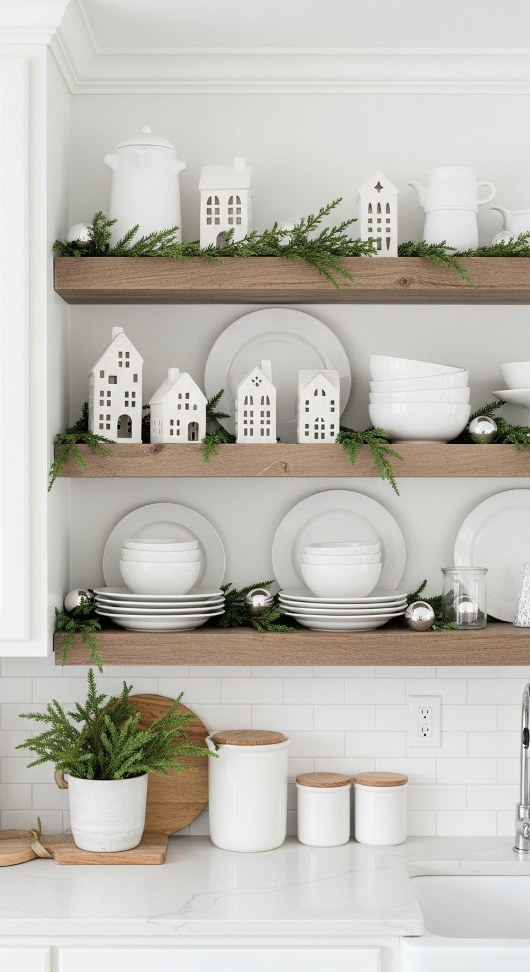 Open kitchen shelf with white ceramic houses dishes and green garlands for Christmas decor
