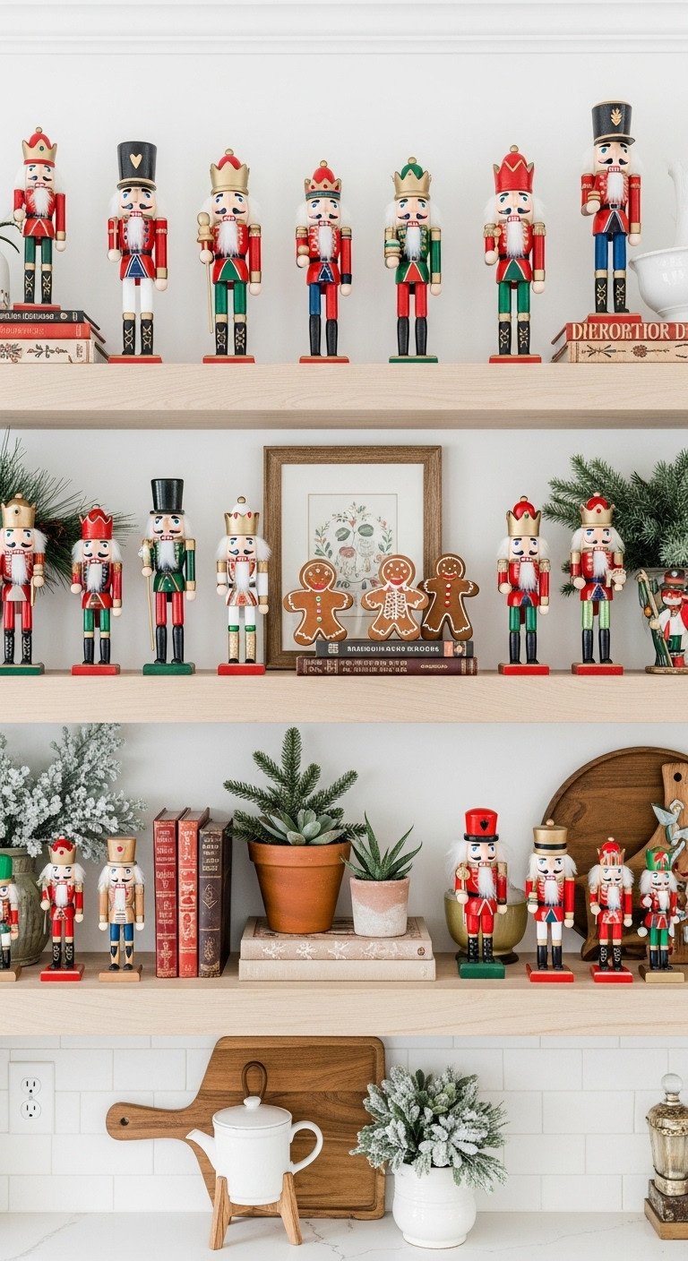 Open kitchen shelves with soldier, king, gingerbread nutcrackers, faux succulents, and vintage cookbooks. Stylish Christmas kitchen decor.