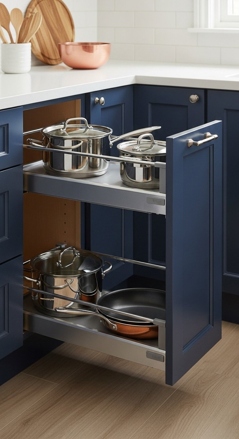 Open lower kitchen cabinet revealing extended chrome pull-out drawer with neatly organized pots and pans in bright daylight