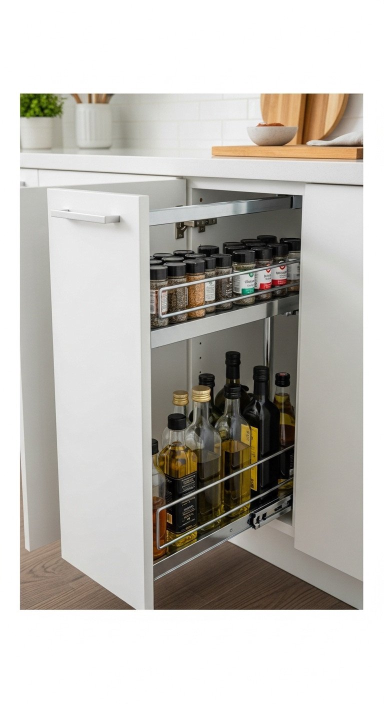 Open lower kitchen cabinet with a two tier pull out chrome organizer holding spice jars, cooking oils, and vinegars