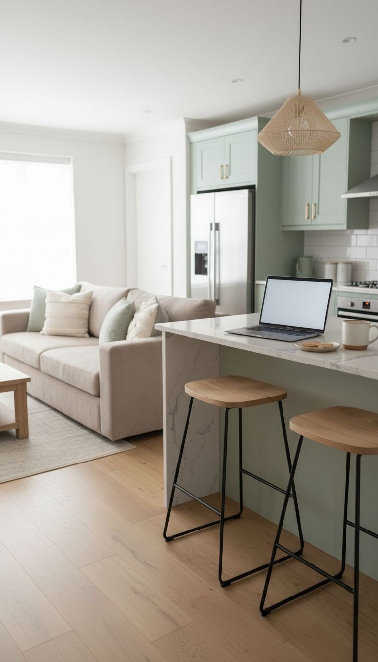 Open-plan apartment with quartz breakfast counter, modern bar stools, laptop, mint green kitchen, and neutral sofa.