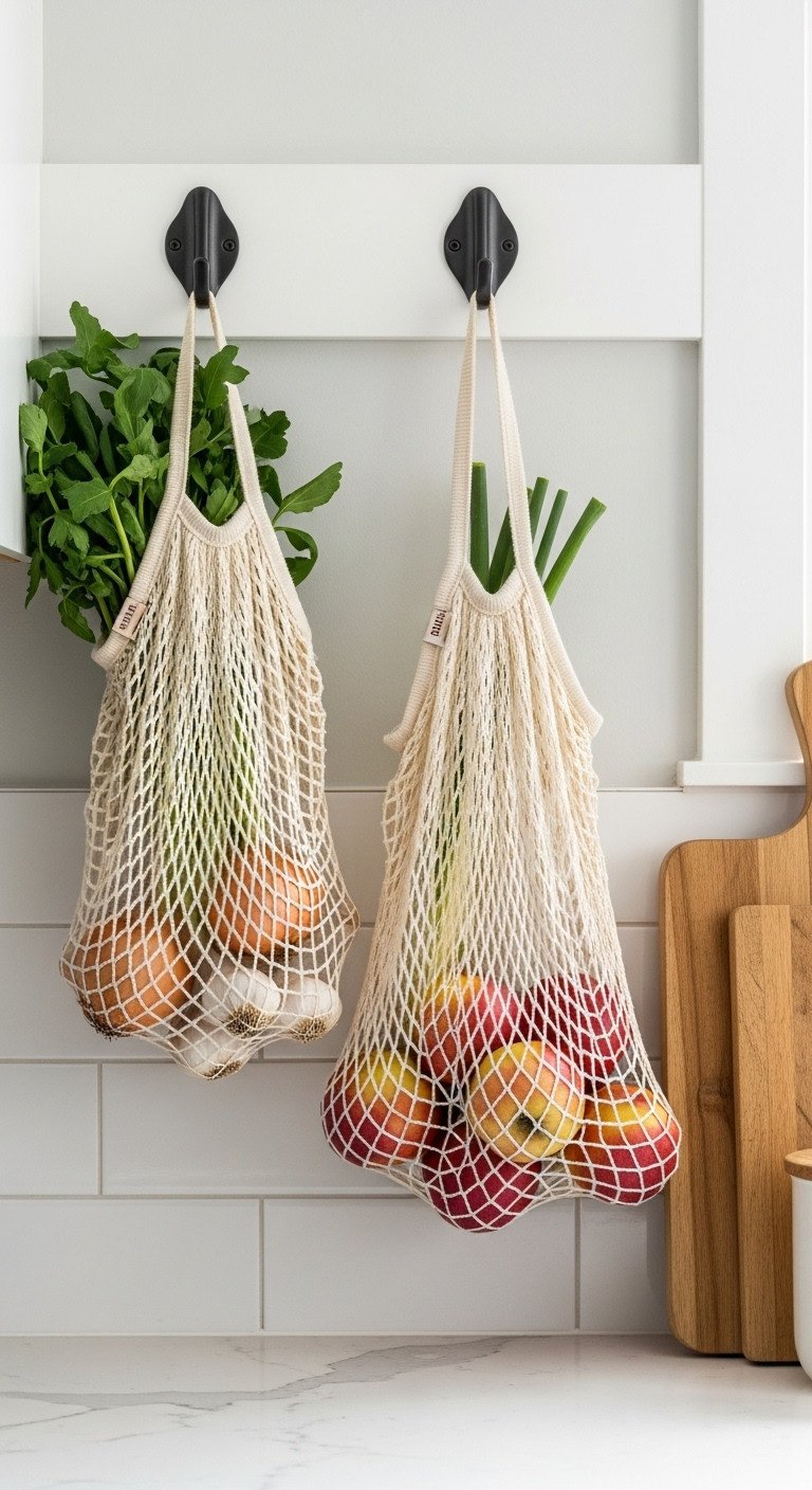 Organic cotton mesh produce bags with onions garlic and apples hanging on a kitchen wall