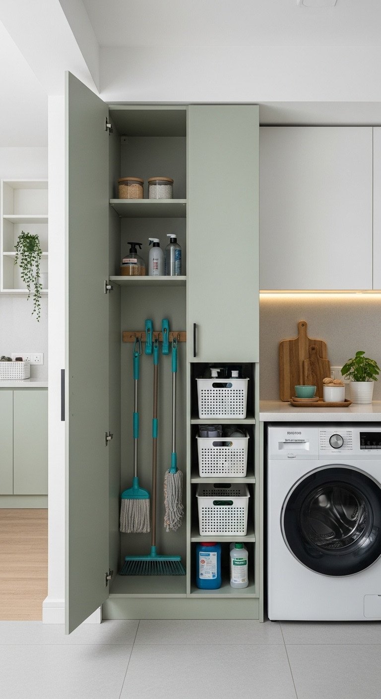 Organized Indian apartment utility area featuring open sage green cabinet with cleaning supplies, storage baskets, and a front-load washing machine.