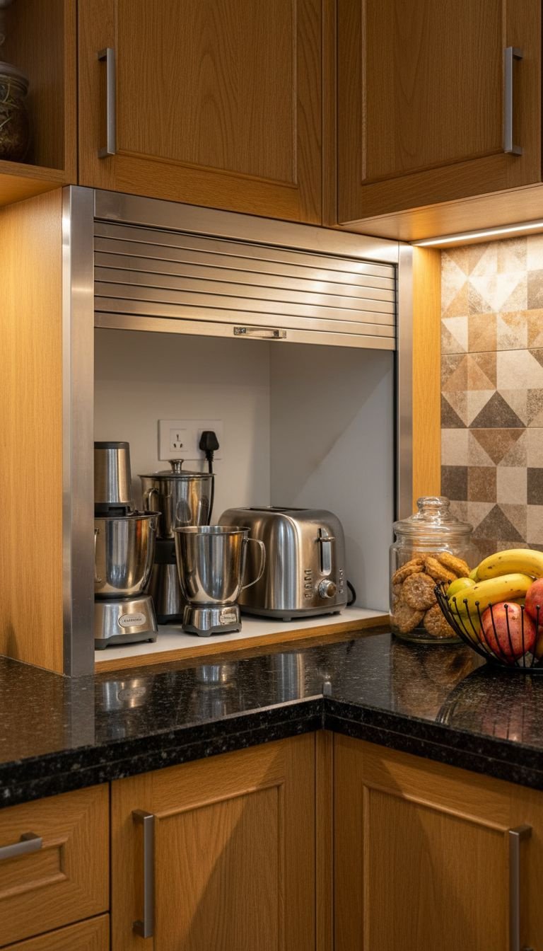 Organized Indian kitchen with oak cabinets, black granite, and an open appliance garage revealing mixer, toaster. Efficient storage.