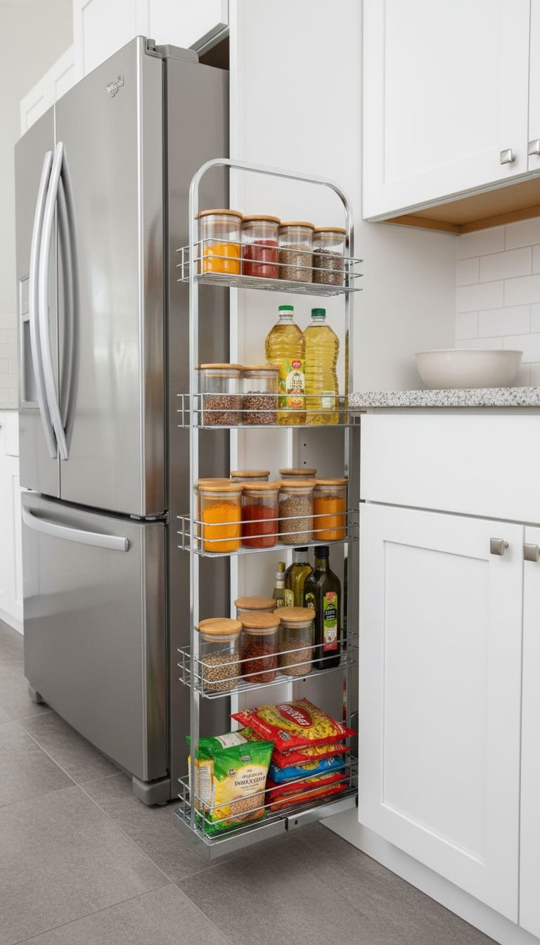Organized Indian kitchen with white acrylic cabinets and a fully extended pull-out pantry filled with Indian spices and oils.