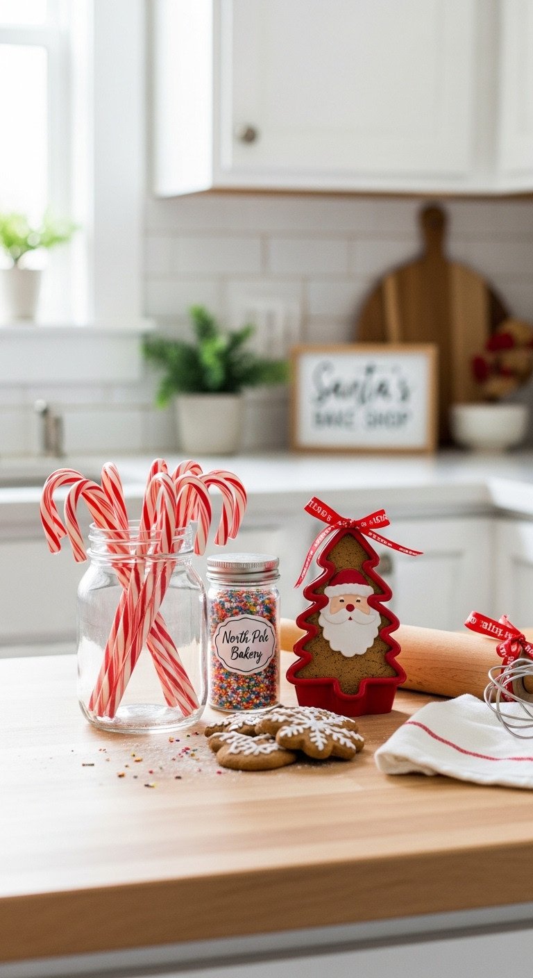 Organized Santa baking station with candy canes, cookie cutters, sprinkles on a butcher block counter, ready for festive holiday treats.