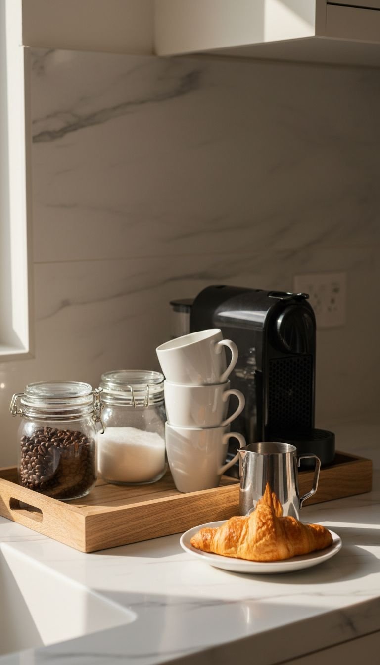Organized coffee station on a wooden tray with coffee maker, mugs, beans, and sugar jars on marble. Home kitchen decor.