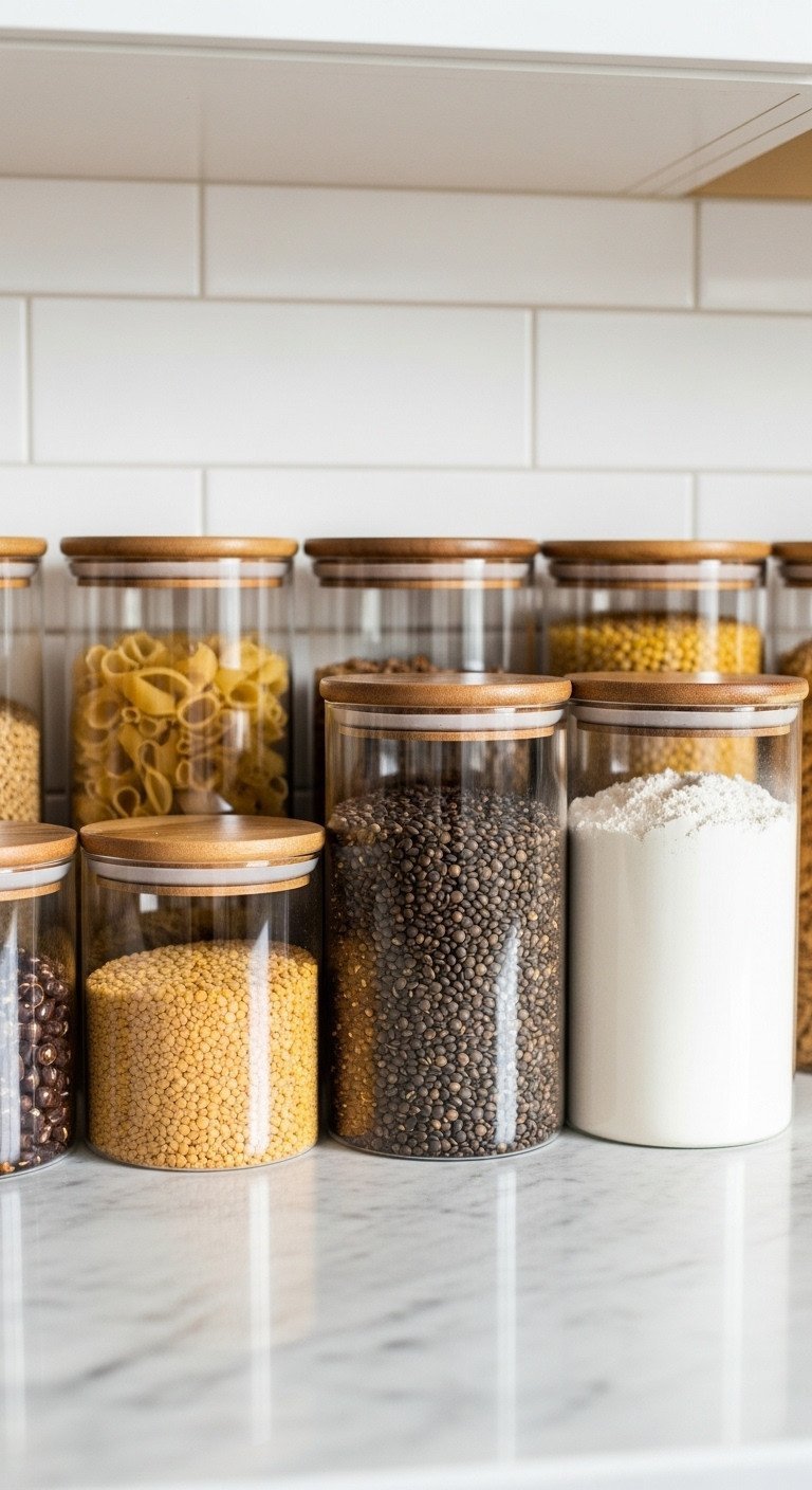 Organized cottagecore kitchen counter with clear glass pantry jars, acacia wood lids, filled with dry goods on marble countertop.