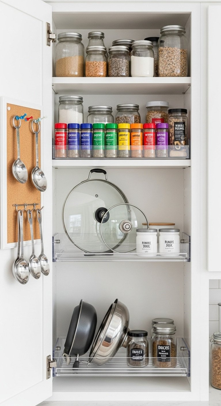11 Genius Apartment Kitchen Design Ideas For Small Spaces 16 Organized kitchen cabinet door with clear spice rack, pot lid holder, and measuring spoons on a cork board, efficient storage.