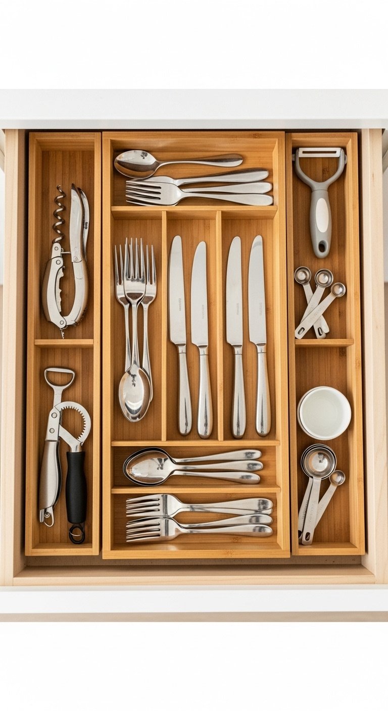 13 Genius Studio Apartment Kitchen Hacks That Save Space 14 Organized kitchen drawer with expandable bamboo cutlery tray, holding silver forks, spoons, knives, and kitchen gadgets. Home decor DIY.