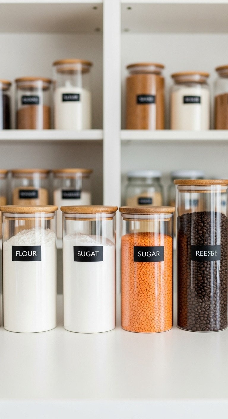11 Genius Apartment Kitchen Design Ideas For Small Spaces 20 Organized kitchen pantry with glass canisters, acacia wood lids, and minimalist labels for dry goods on open shelves.