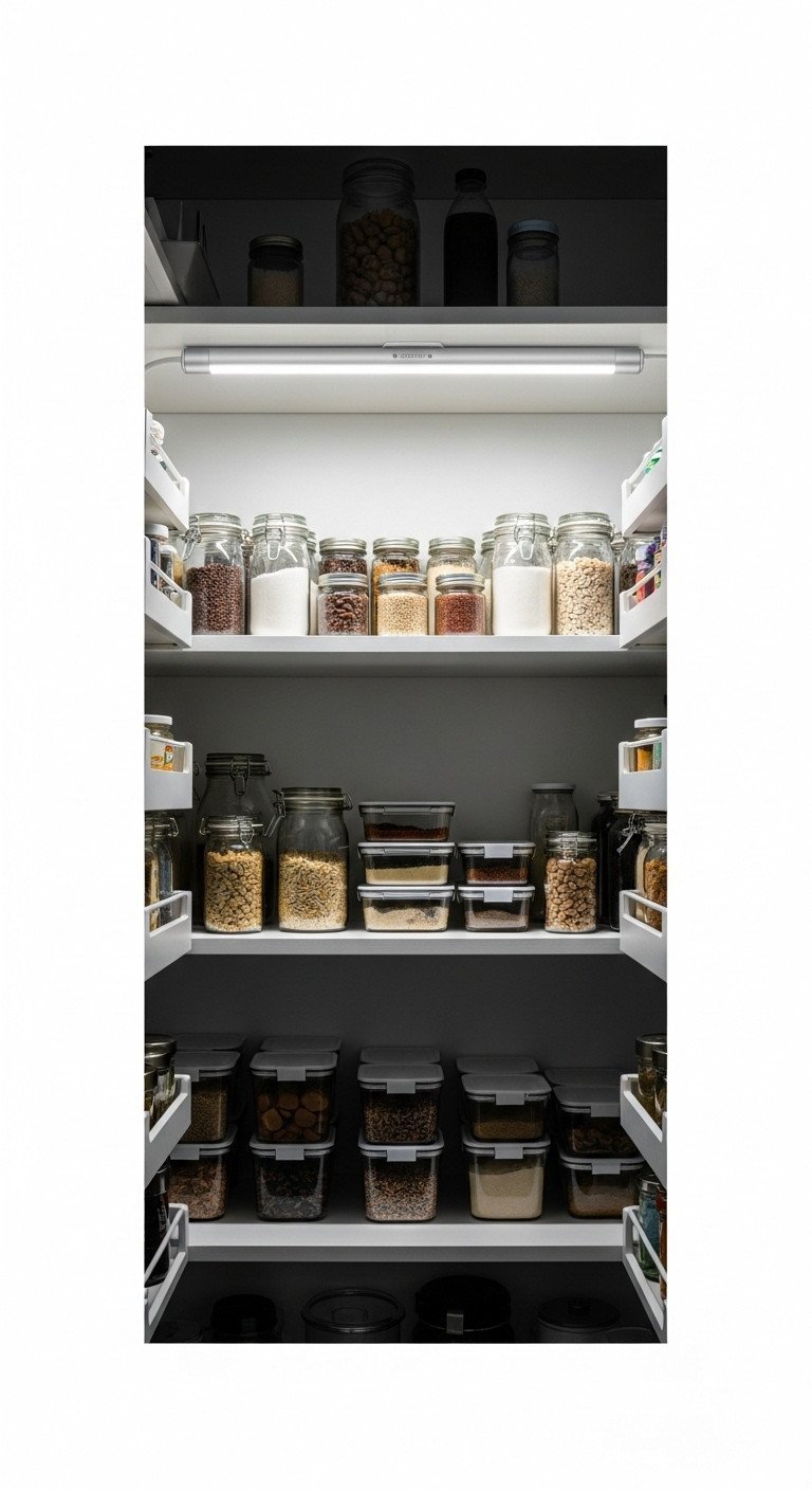 Organized kitchen pantry with slim LED light bar illuminating glass jars and food containers. Efficient home storage lighting idea.