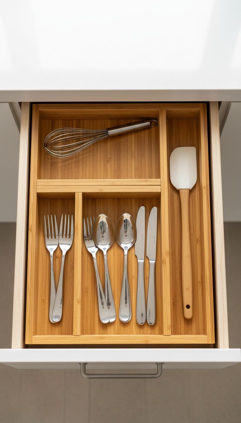 Organized kitchen utensil drawer: natural bamboo dividers, minimalist silverware, whisk, spatula. Functional kitchen storage.